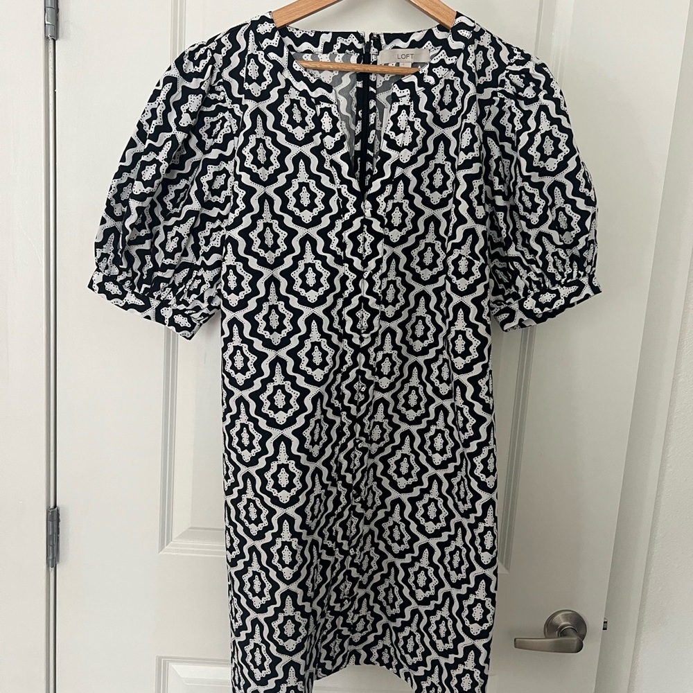 LOFT Black and White Geometric Midi Dress